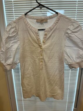 LOFT Ivory Puff Sleeve Henley Top